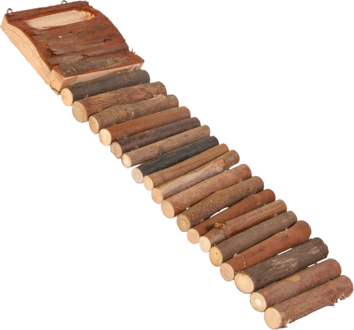 Eine Holzleiter aus kleinen, naturbelassenen Ästen in Braun, die leicht gebogen ist.