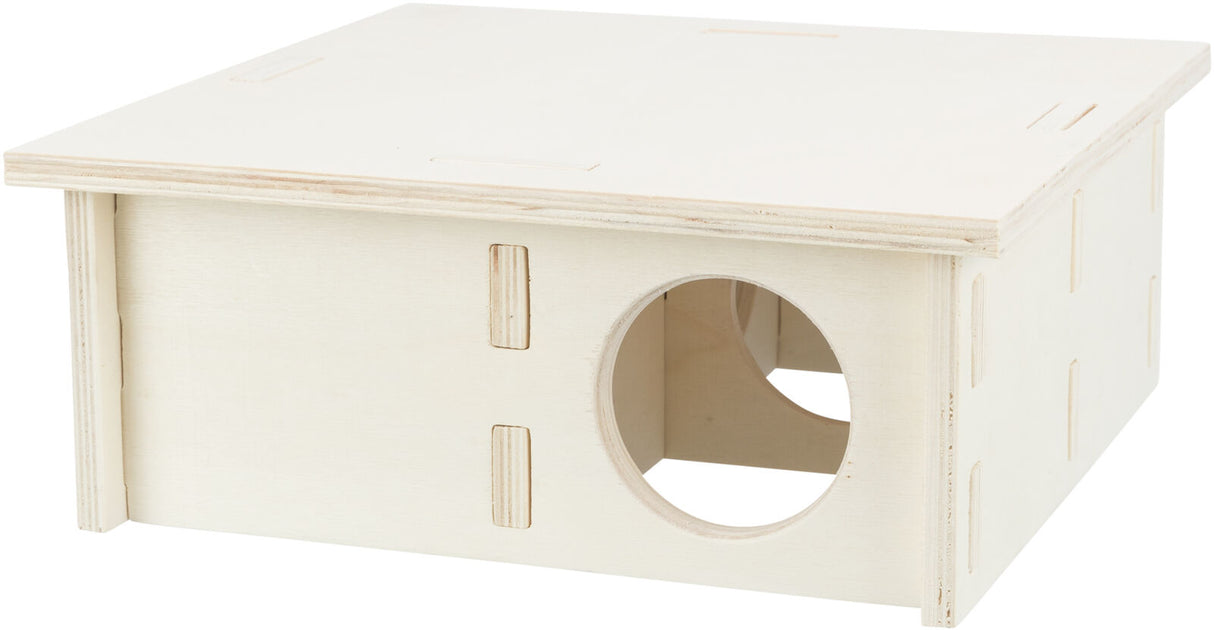 Holzbox mit flachem, rechteckigem Deckel und rundem Eingang an der Vorderseite, naturbelassene Farbe.