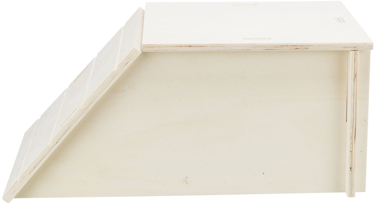 Holzkiste mit schrägem Deckel in natürlicher Holzfarbe, rechteckige Form, einfache Konstruktion.