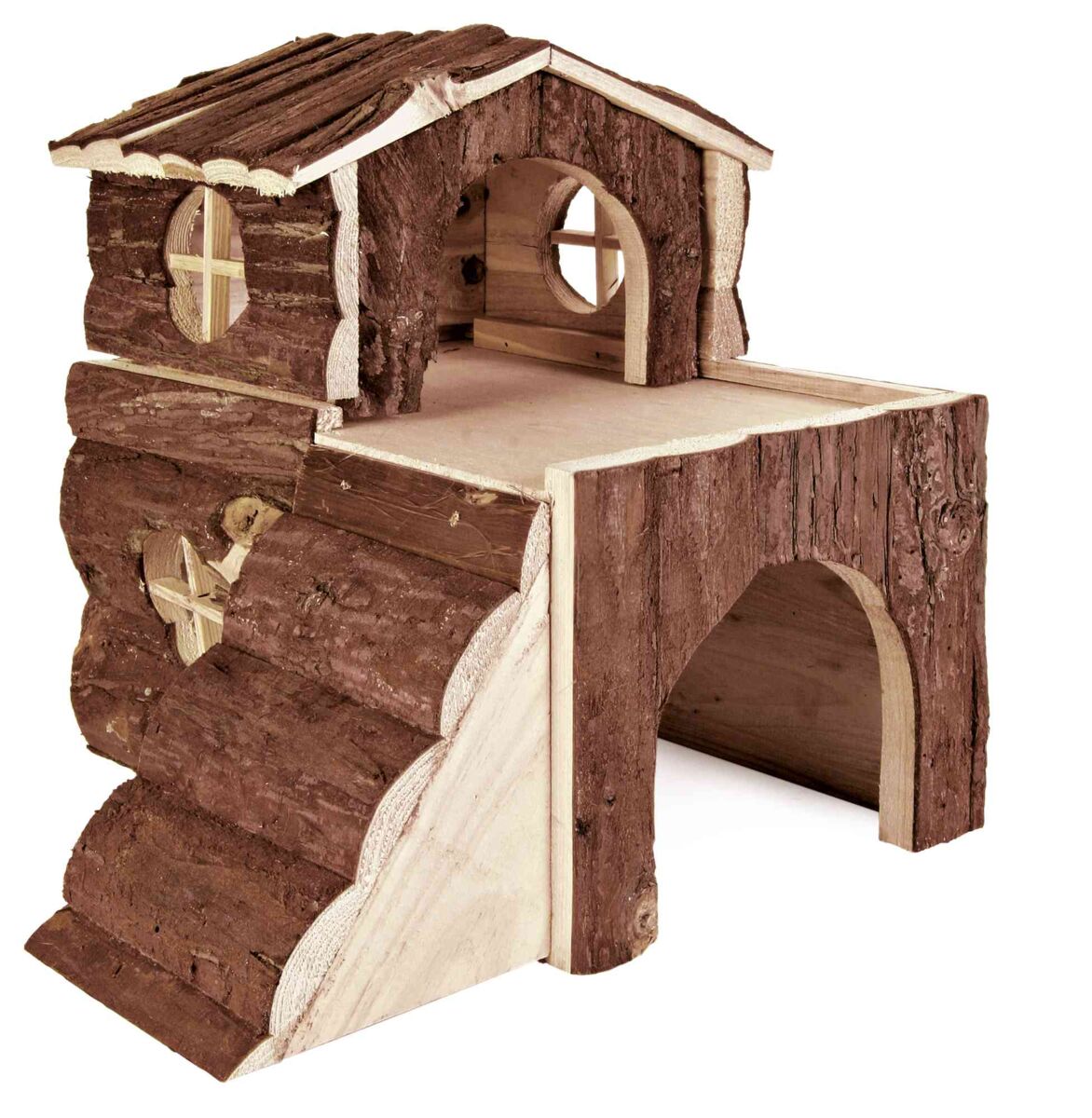 Holzhaus mit braunen Rindenwänden, zwei runden Fenstern und einem gewölbten Eingang, auf zwei Ebenen aufgebaut.
