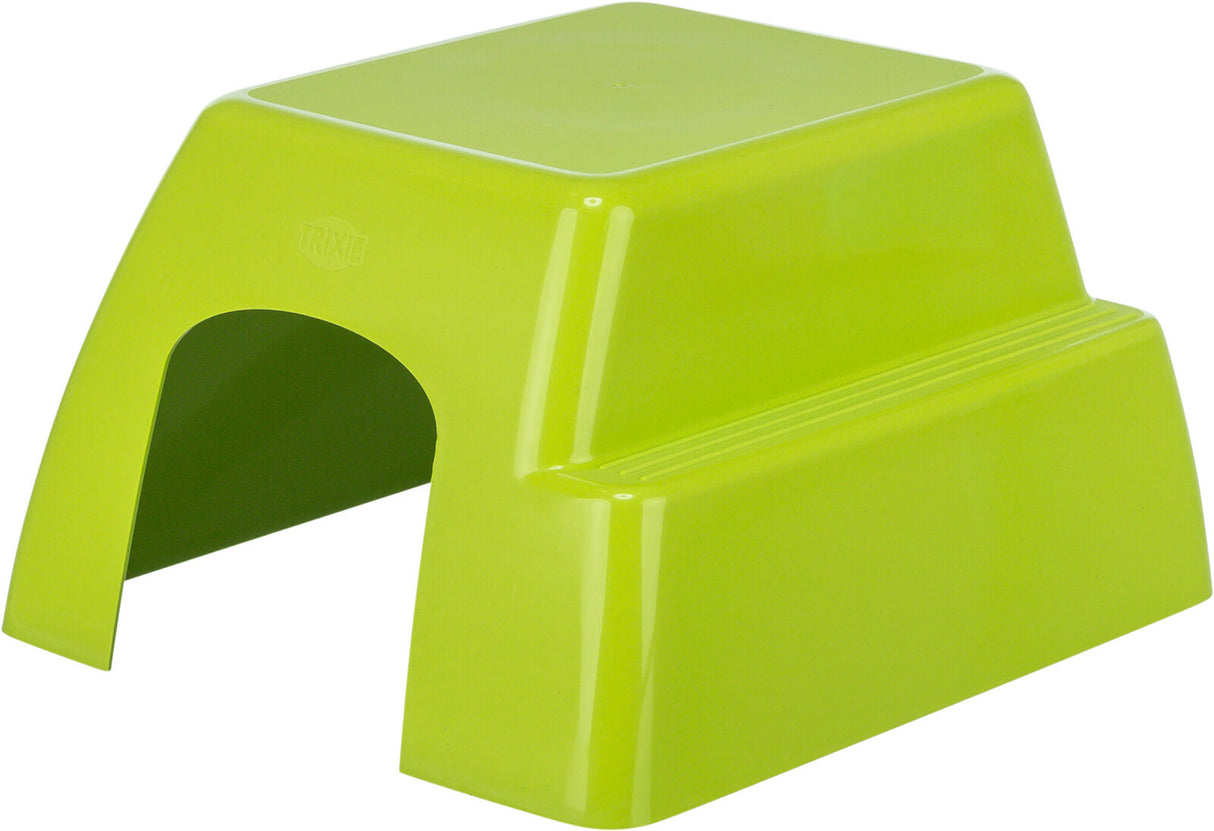 Grüne, rechteckige Plastikbox mit offenem Eingang auf einer Seite, glatt und ohne weitere Verzierungen.