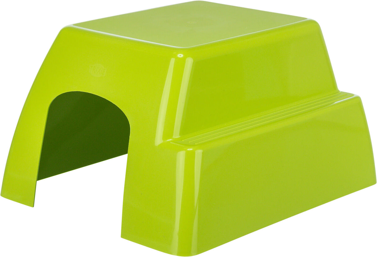 Grüne, rechteckige Plastikstruktur mit gewölbtem Eingang, wahrscheinlich eine kleine Höhle oder Abdeckung.