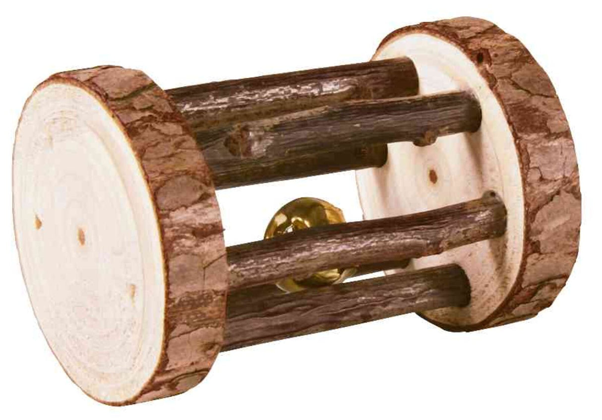 Holzspielzeug mit rundem Design, seitlichen Holzscheiben, mehreren Querstreben und einer kleinen Glocke innen.