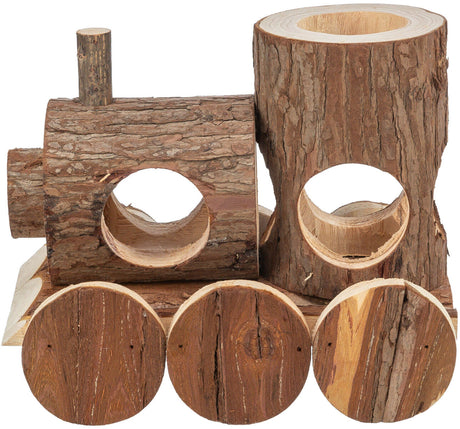 Holzspielzeug in der Form einer Dampflokomotive mit runden Fenstern und Rädern aus Baumstämmen.