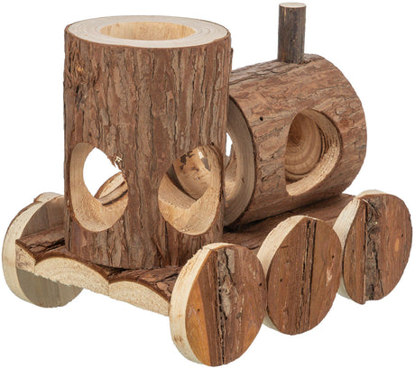 Spielzeug aus natürlichem Holz in Form einer Lokomotive mit durchbrochenen Zylindern und Baumrindenstruktur.