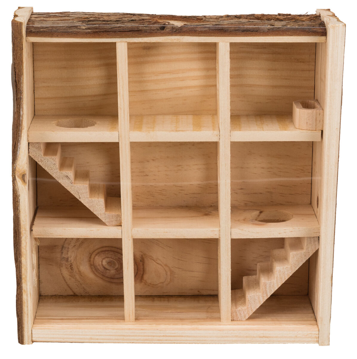 Holzkonstrukt mit offenen Fächern und kleinen Treppen, in natürlicher Holzfarbe, ohne Verzierungen oder Dekorationen.