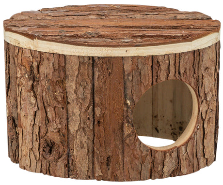 Runde Holzhöhle mit grober Rindenstruktur und einem runden Eingang an der Seite.