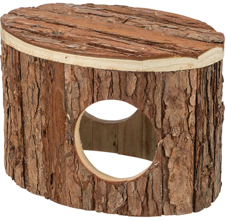 Ovales Häuschen aus Baumrinde mit rundem Eingang und glatter Oberseite, in natürlichen Brauntönen gestaltet.