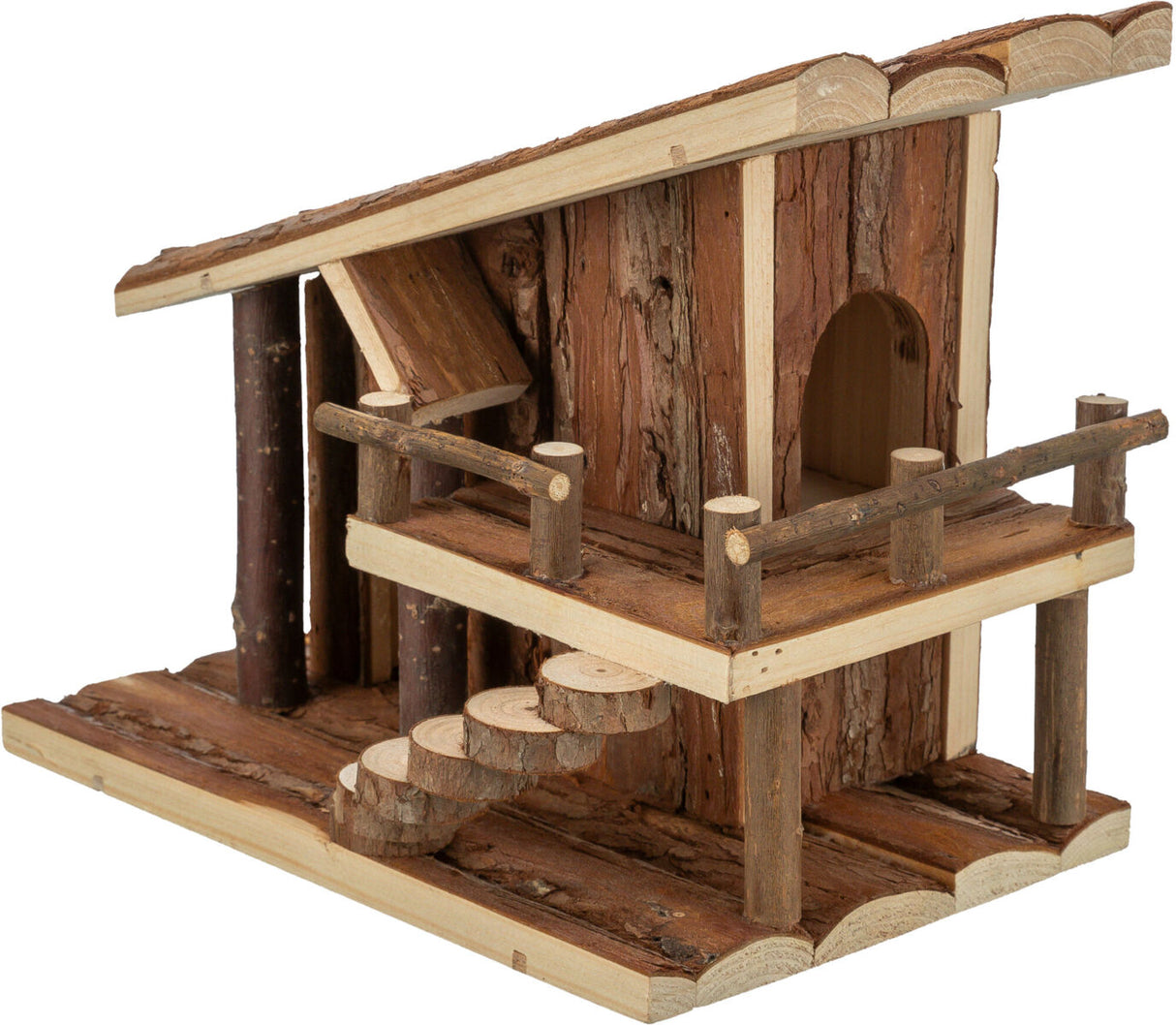 Holzhaus mit schrägem Dach, Rinde und Rundholzdetails, zweistöckig mit Balustrade und runder Öffnung.