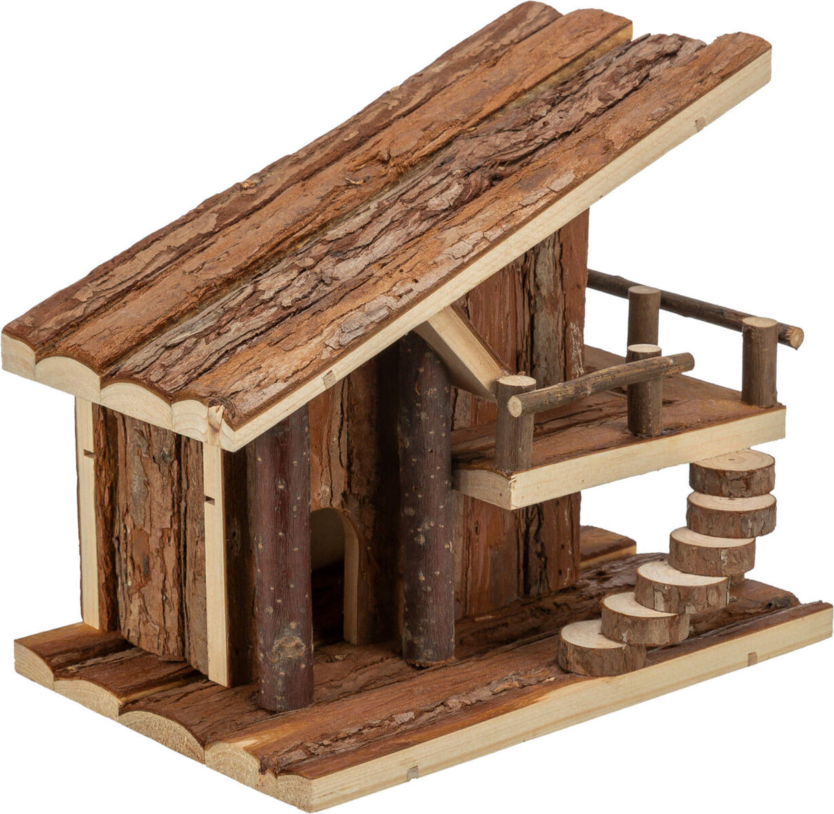 Kleines Holzhaus aus Baumrinde mit Treppe und kleinem Balkon, rustikales Design in natürlichen Brauntönen.