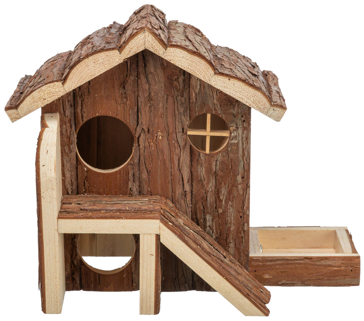 Naturbelassenes Holzhaus für Kleintiere mit zwei runden Öffnungen, Treppe und Fenster, braune Rinde.