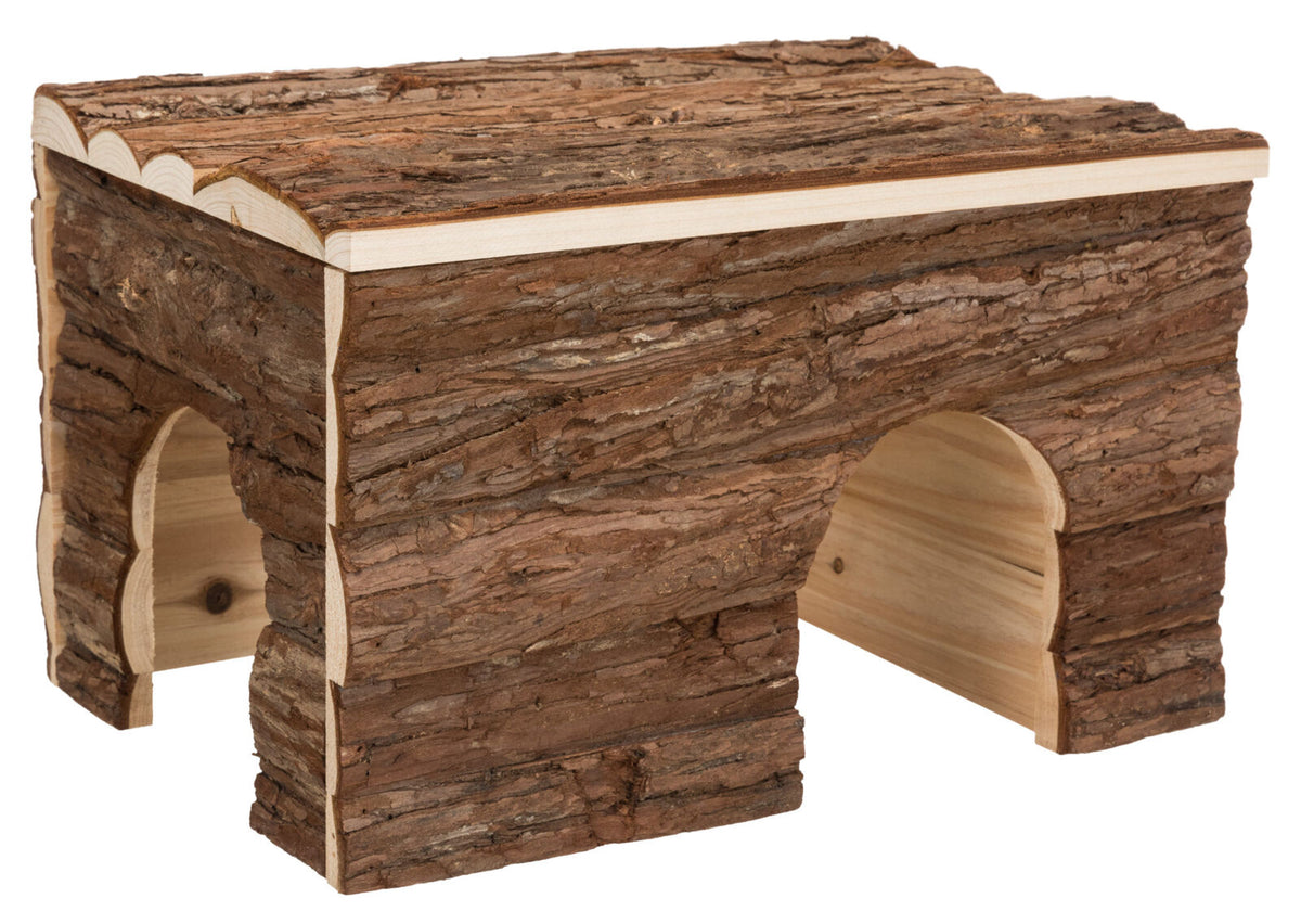 Holzstrukturierte Höhle mit zwei Rundbogeneingängen, gefertigt aus naturbelassenem Holz in braunen Tönen.