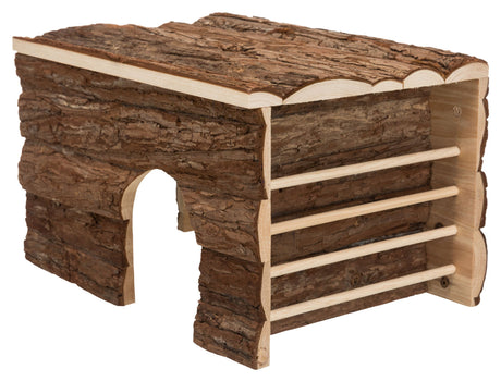 Holzhöhle mit Rindenstruktur und offenen Seiten sowie einer kleinen Eingangstür in der Vorderseite.