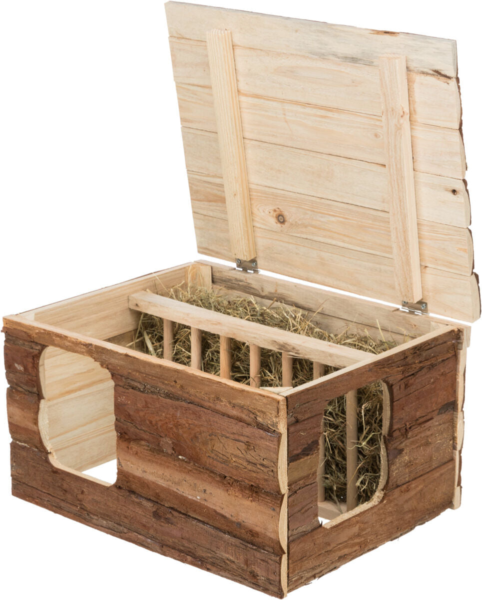 Holzkiste mit offenem Deckel, Zuluftlöchern und Heu gefüllt, aus naturbelassenem Holz in hellem Braun.