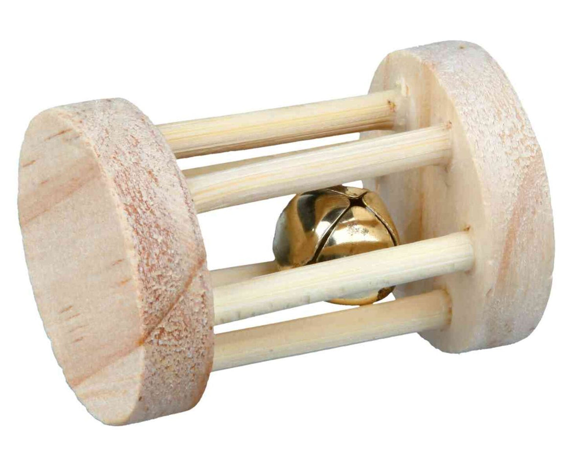 Holzspielzeug mit Stäben und Glocke, bestehend aus zwei runden Enden und vier Verbindungsstäben aus hellem Holz.