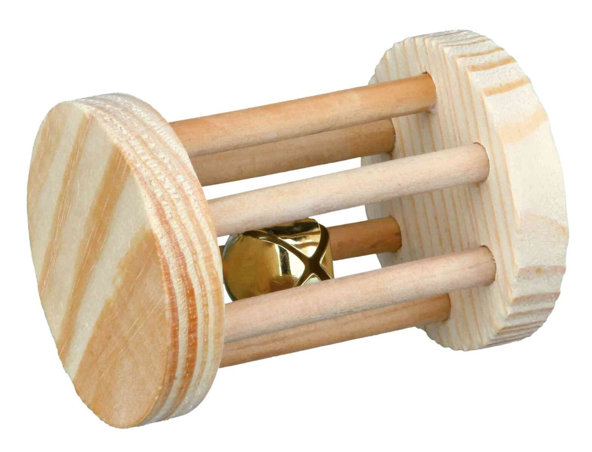 Holzspielzeug mit zylindrischer Form, bestehend aus zwei runden Enden und mehreren Stäben, enthält eine goldene Glocke.