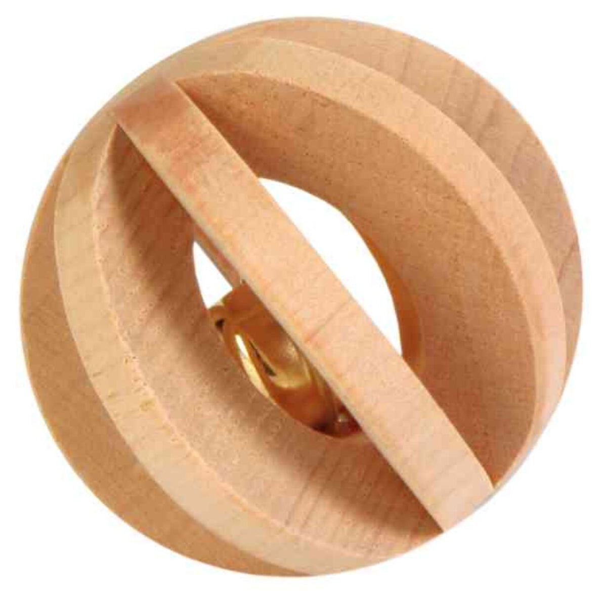 Holzspielzeugball mit integrierter Glocke in Naturholzfarbe, bestehend aus spiralförmig angeordneten Streifen.