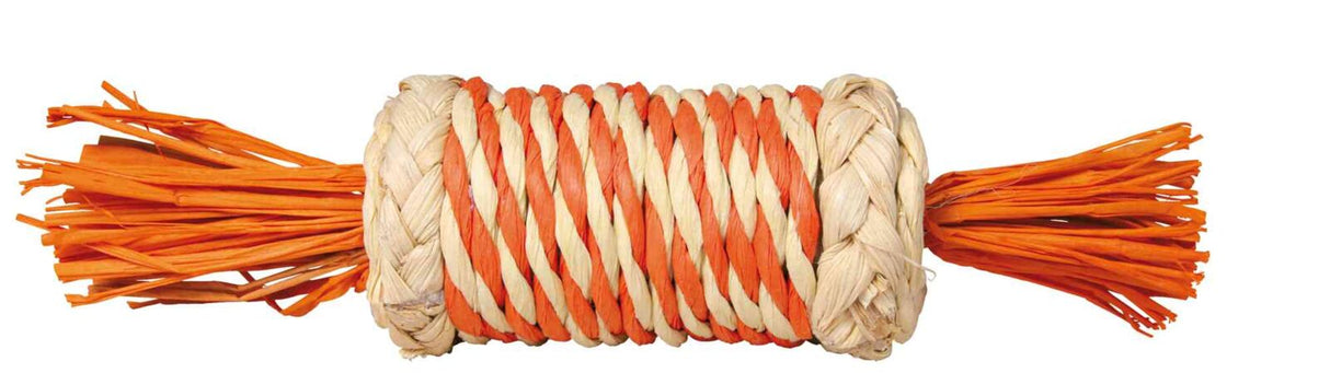 Ein gedrehter Zylinder aus beige und orange geflochtenem Material mit Fransen an beiden Enden.