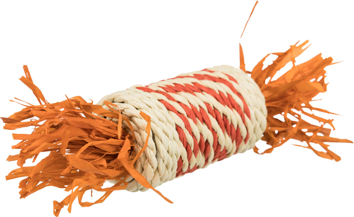 Zylinderförmiges Spielzeug mit orangefarbenen Bändern an den Enden und einem geflochtenen, beige-roten Mittelteil.