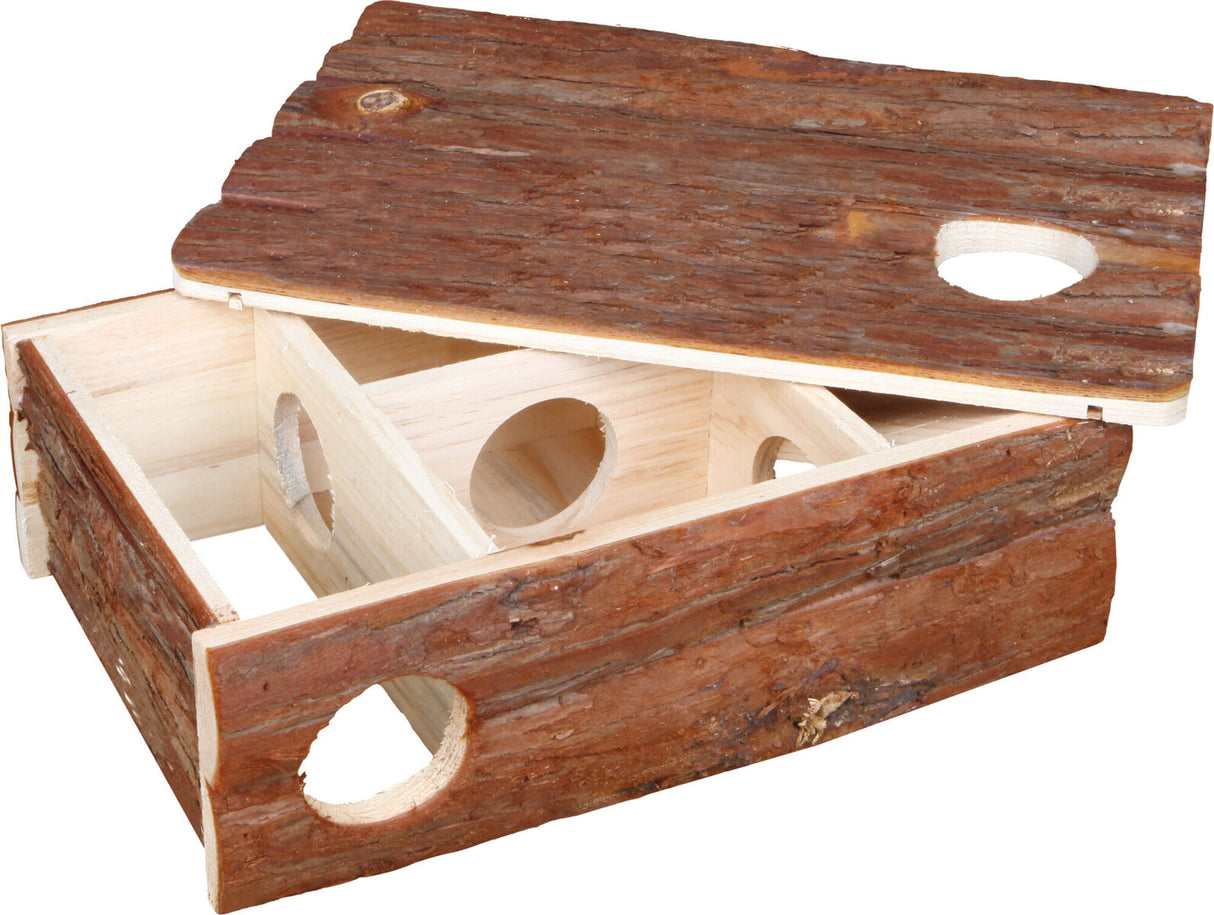 Holzbehälter mit abnehmbarem Deckel und runder Öffnung, Naturholzoptik mit sichtbarer Rindenstruktur.