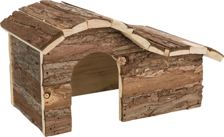 Holzhäuschen mit Rindenoptik und gewelltem Dach, offener Eingang vorne, natürliche braune Farbtöne.