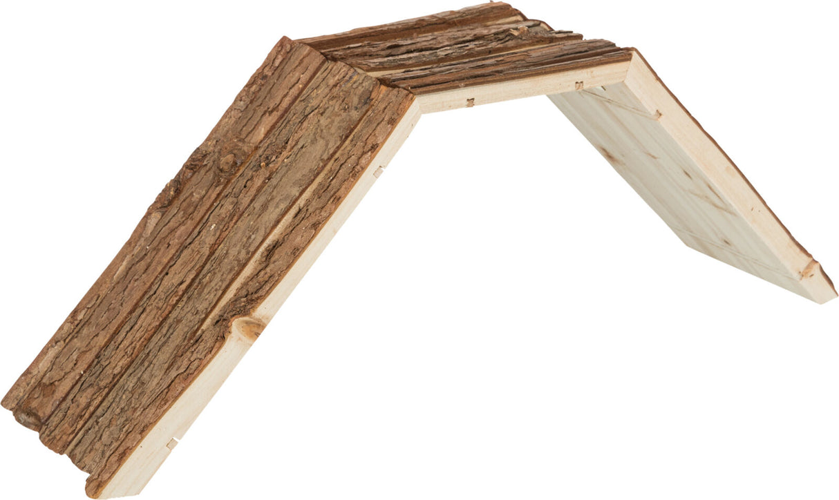 Dreieckige Holzbrücke mit natürlicher Rindenoberfläche, leicht angehoben und ohne sichtbare Zusätze.