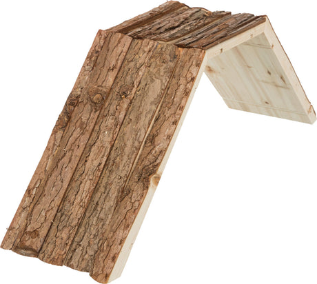 Holzgestell mit rindenverkleidetem Dach in A-Form, sichtbare Holzbasis, natürliches Aussehen.