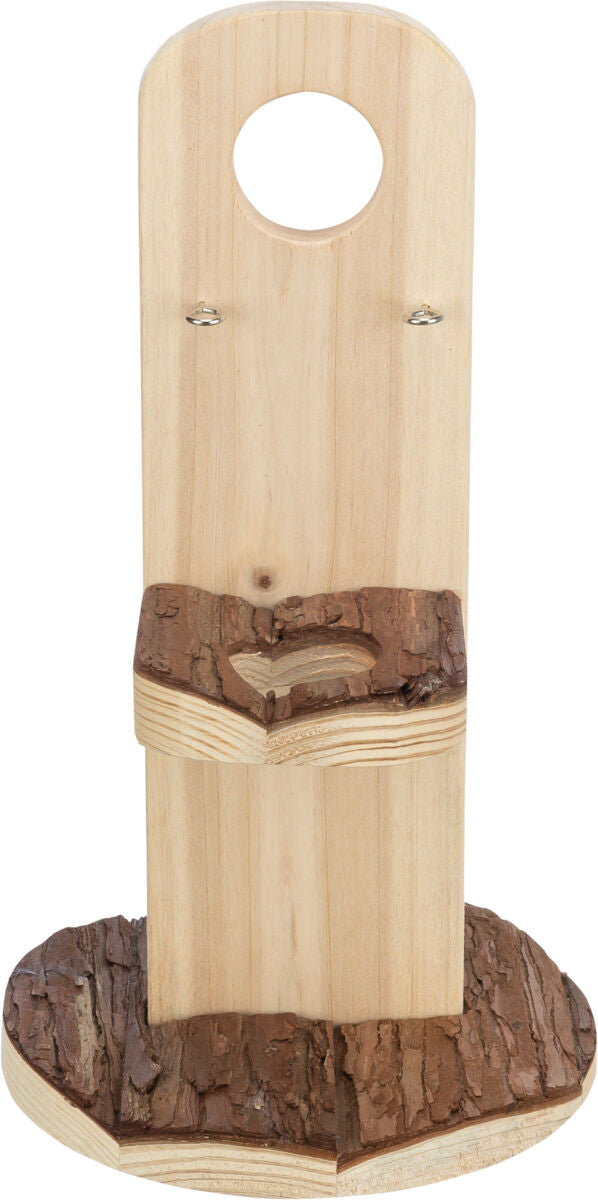 Holzständer mit rundem Ausschnitt oben, dekoriert mit Rinde, auf einem runden Sockel stehend.