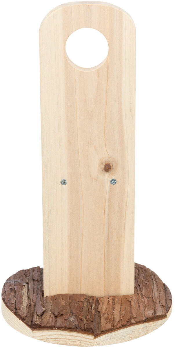 Holzstruktur mit rundem Ausschnitt oben und rechteckiger Grundfläche mit dunkler Rindenverzierung.