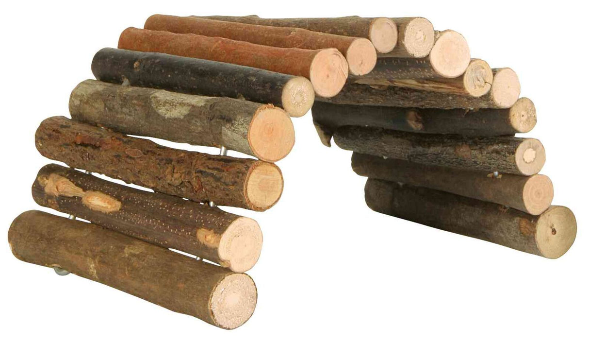 Gewölbte Struktur aus mehreren Holzstäben in verschiedenen Brauntönen, die miteinander verbunden sind.