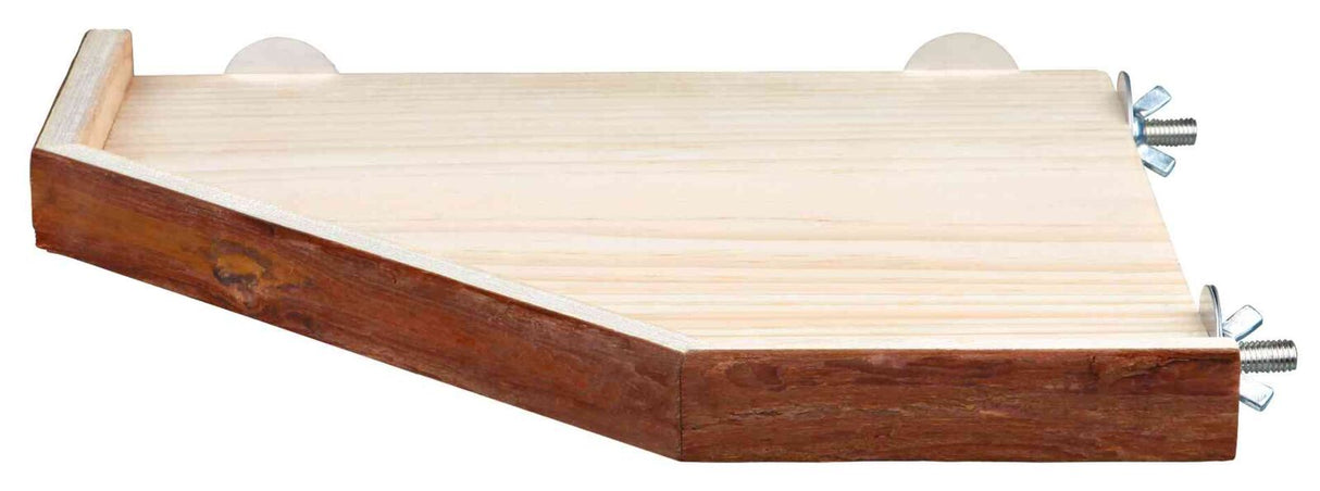 Holzplattform mit schräger Kante, brauner Rand und silbernen Schrauben an der Seite.