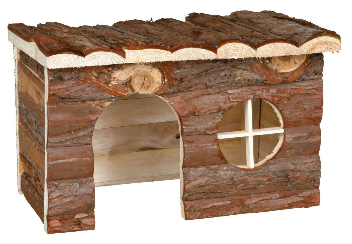Naturholzhaus mit Rindenoptik, rechteckige Form, Rundbogenöffnung vorne, rundes Fenster an der Seite.