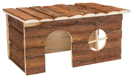 Kleines Holzhaus aus Rindenholz mit flachem Dach, halbkreisförmigem Eingang und rundem Fenster.