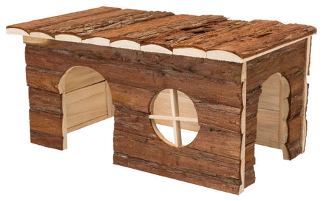 Holzhausmodell mit Rindenverkleidung, einem gewölbten Eingang und einem runden, kreuzverstrebten Fenster.