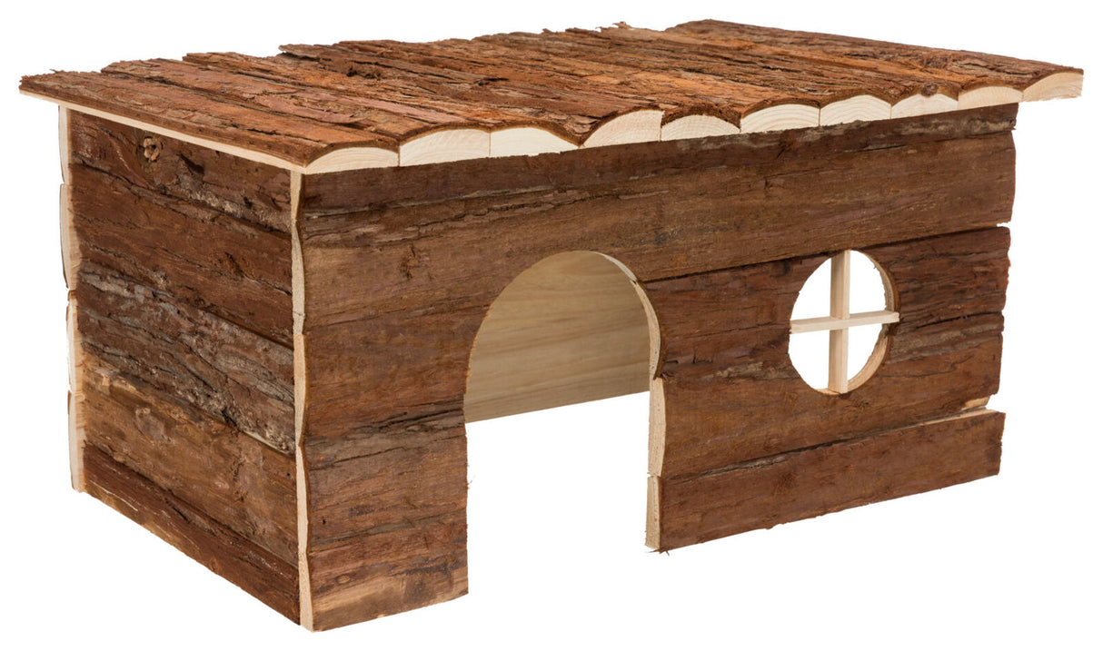 Holzhaus mit rechteckiger Form, rundem Eingangsloch und Fenster mit Kreuzdesign, Oberfläche aus Rindenstruktur.