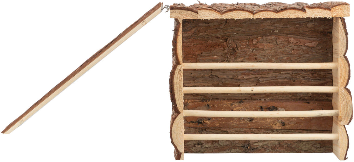 Holzgestell mit Rindenoberfläche und drei horizontalen Stangen, linker Flügel geöffnet.