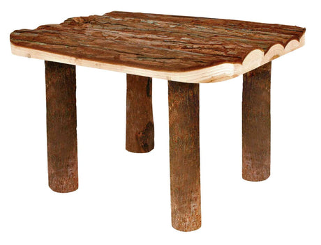 Rechteckiger rustikaler Holztisch mit unebener Tischplatte und vier runden Beinen aus Baumstämmen.