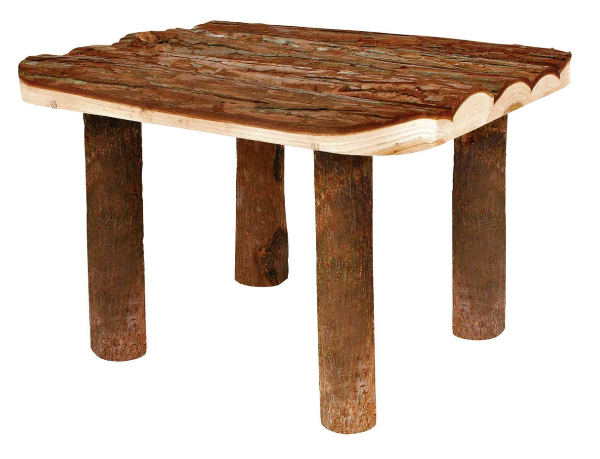 Rechteckiger rustikaler Holztisch mit unebener Tischplatte und vier runden Beinen aus Baumstämmen.