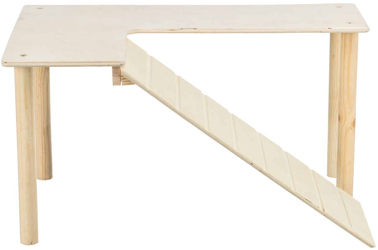 Holztisch mit rechteckiger Platte, Aussparung und angeschrägter Rampe, naturbelassene helle Holzfarbe.