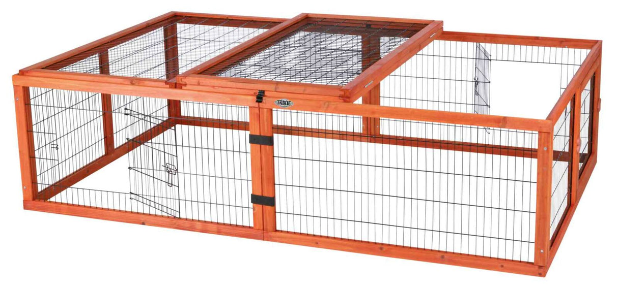 Holzrahmen-Gitterkäfig mit Metallgittern und zwei aufklappbaren oberen Abschnitten, geeignet für Kleintiere.