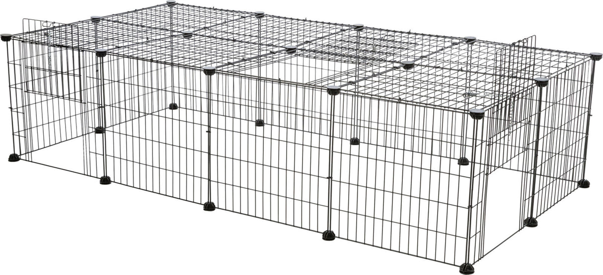 Rechteckiger, schwarzer Metallkäfig mit Gitterdesign und herausnehmbarer Tür auf der Vorderseite.
