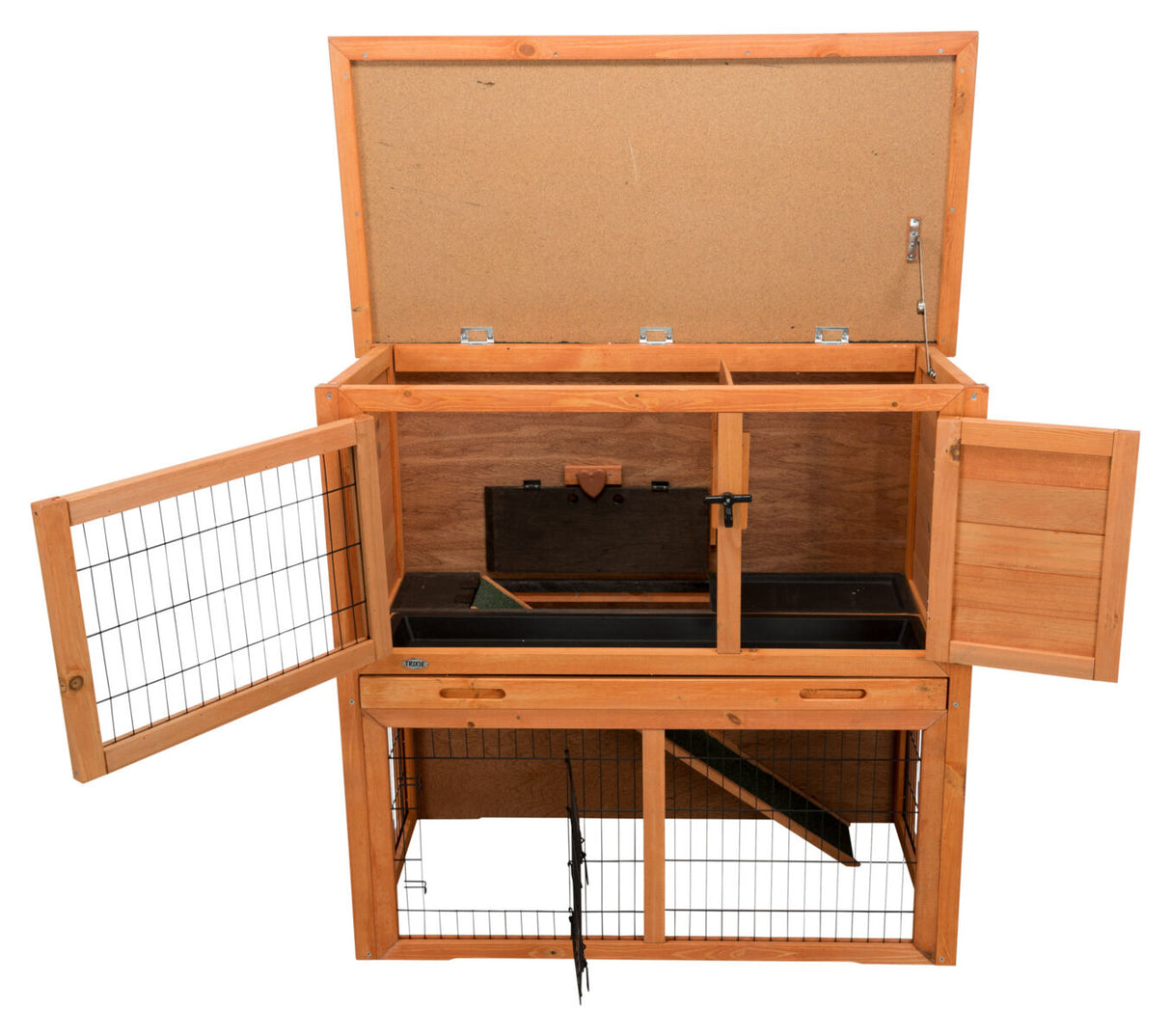 Holzstall mit geöffneten Türen und aufklappbarem Dach, Gitterfront und Innenraum mit Plastikwanne.