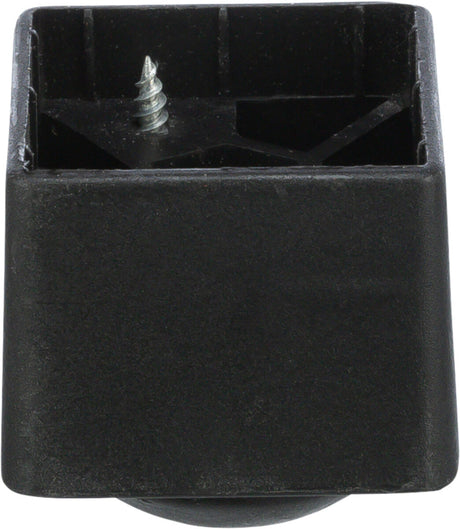 Schwarzes, quadratisches Möbelbein mit sichtbar herausstehender Schraube, helle Hintergrund.