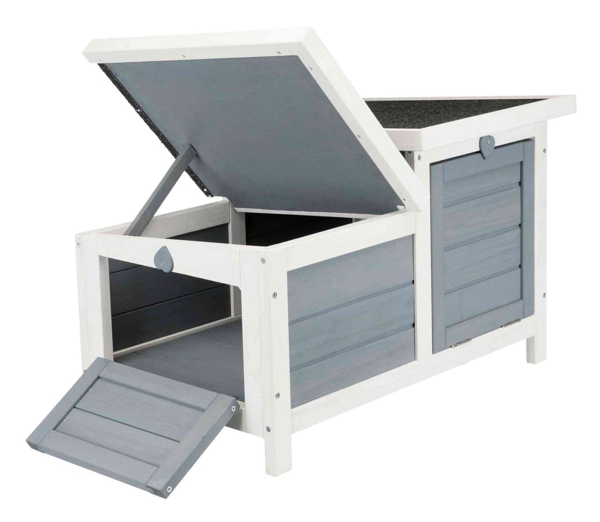 Graue und weiße Holzkiste mit aufklappbarem Deckel und herunterklappbarer Frontklappe.