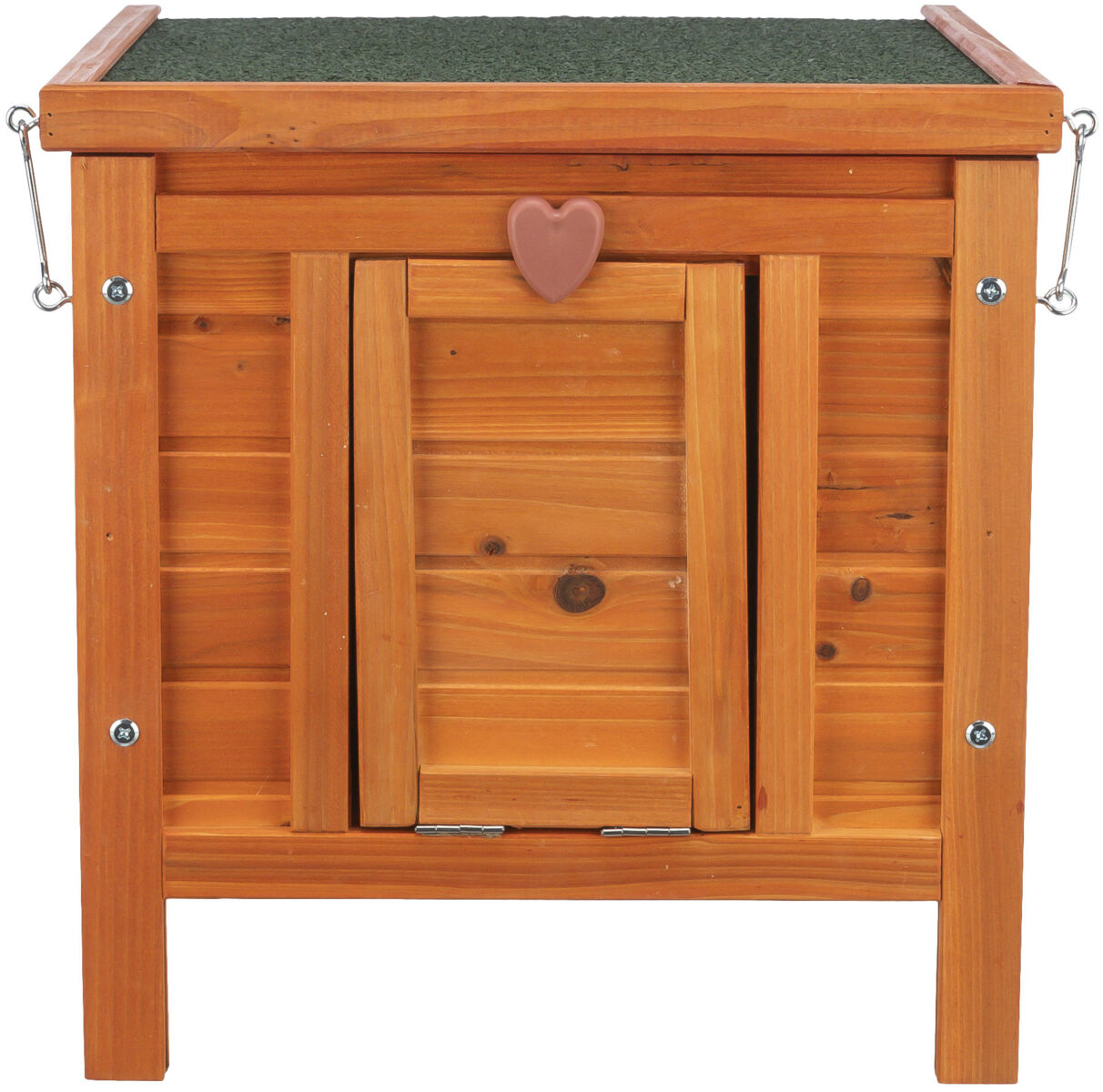 Holzstrukturierte Kiste mit grünem Dach und herzförmigen Griff, gesichert mit seitlichen Metallhaken.