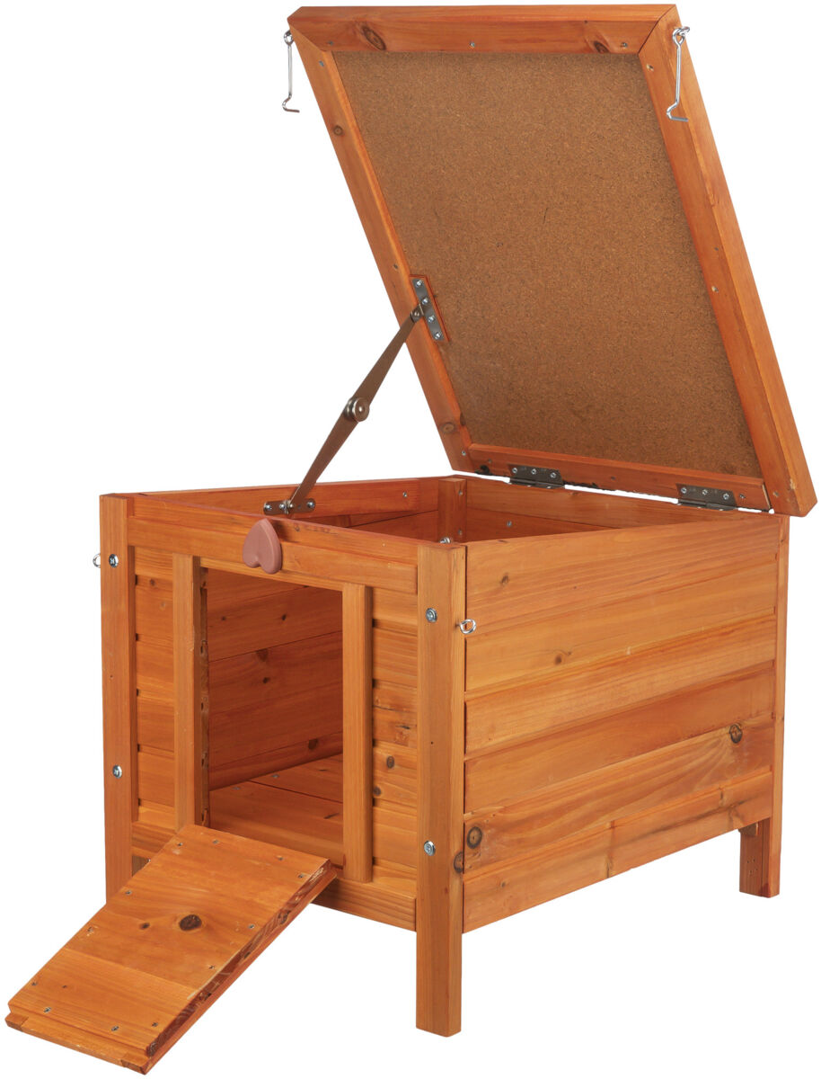 Holzkiste mit offenem Deckel und klappbarer Rampe aus braunem Holz, Scharniere und Beschläge aus Metall.