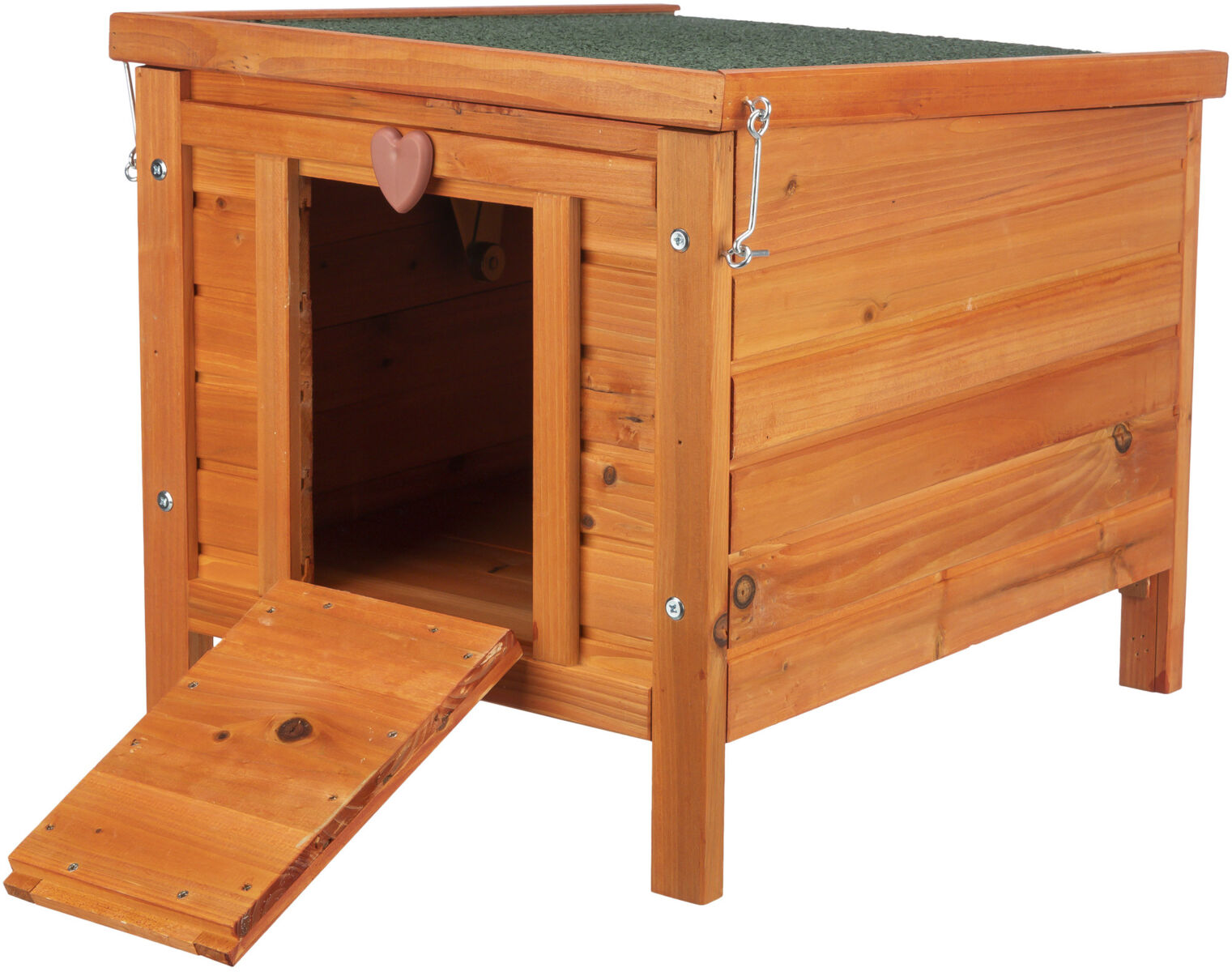 Holzhaus für Tiere mit seitlicher Rampe und grünem, flachem Dach, frontseitige Öffnung mit Herzdekor.