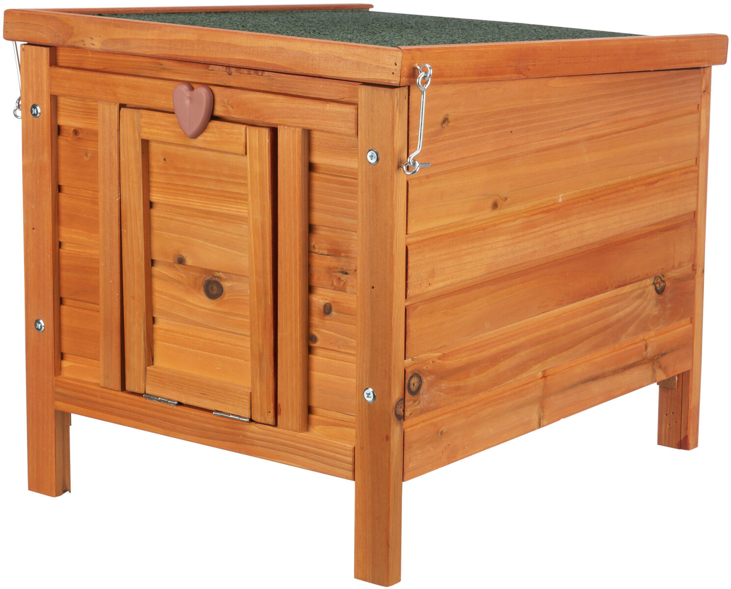 Holztruhe mit Herzgriff an der Tür, natürliche Holzfarbe, grün gedeckeltes Dach, silberne Schrauben.