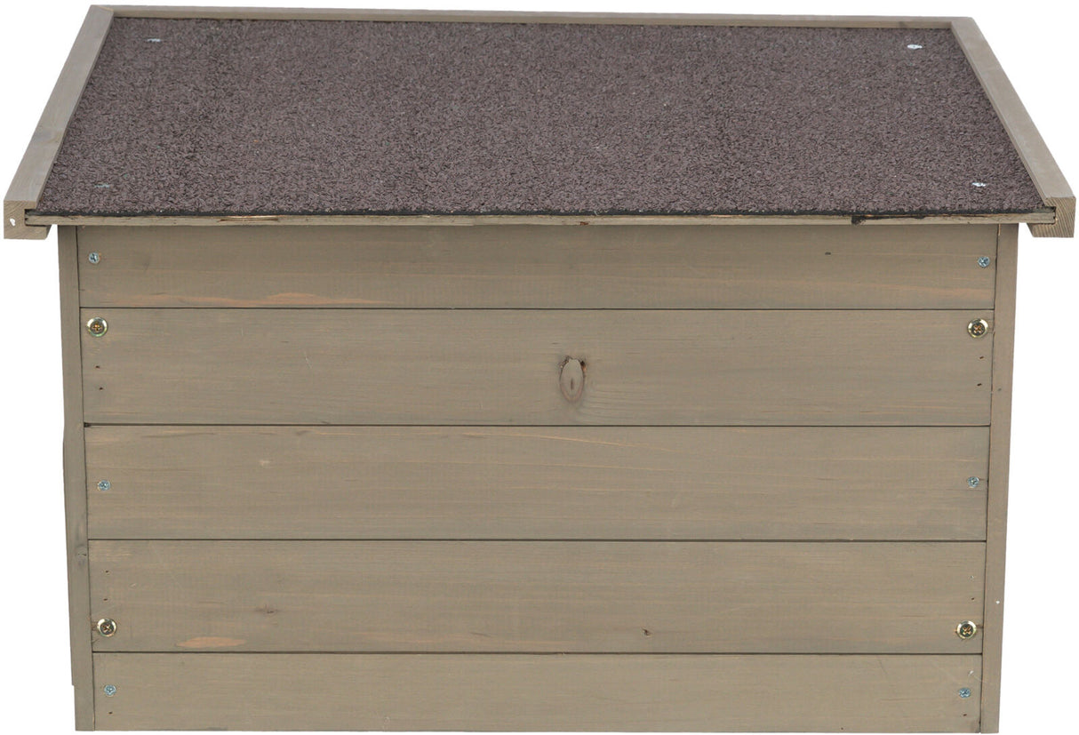 Holzkiste mit flachem, dunkelbraunem Deckel, bestehend aus horizontalen Brettern und sichtbaren Schrauben.