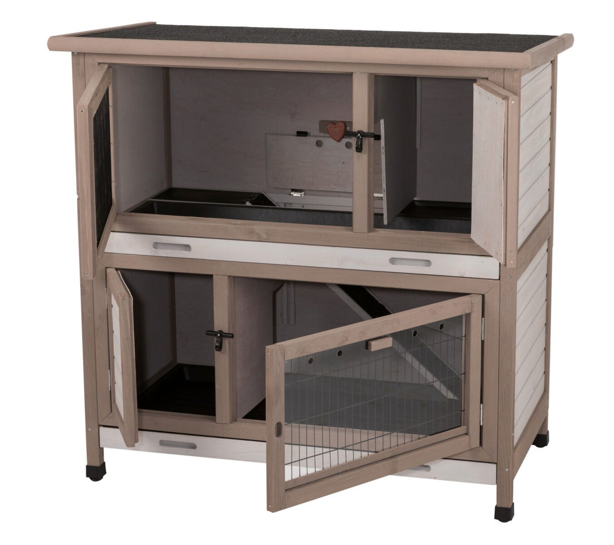 Holzgehege mit zwei Ebenen, Türen mit Drahtgitter und schwarzem Dach, rechteckige Form, beige-weiße Farbtöne.